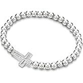 COOLSTEELANDBEYOND Sparkling Beads Bracelet for Women with Cubic Zirconia Horizontal Sideway Cross