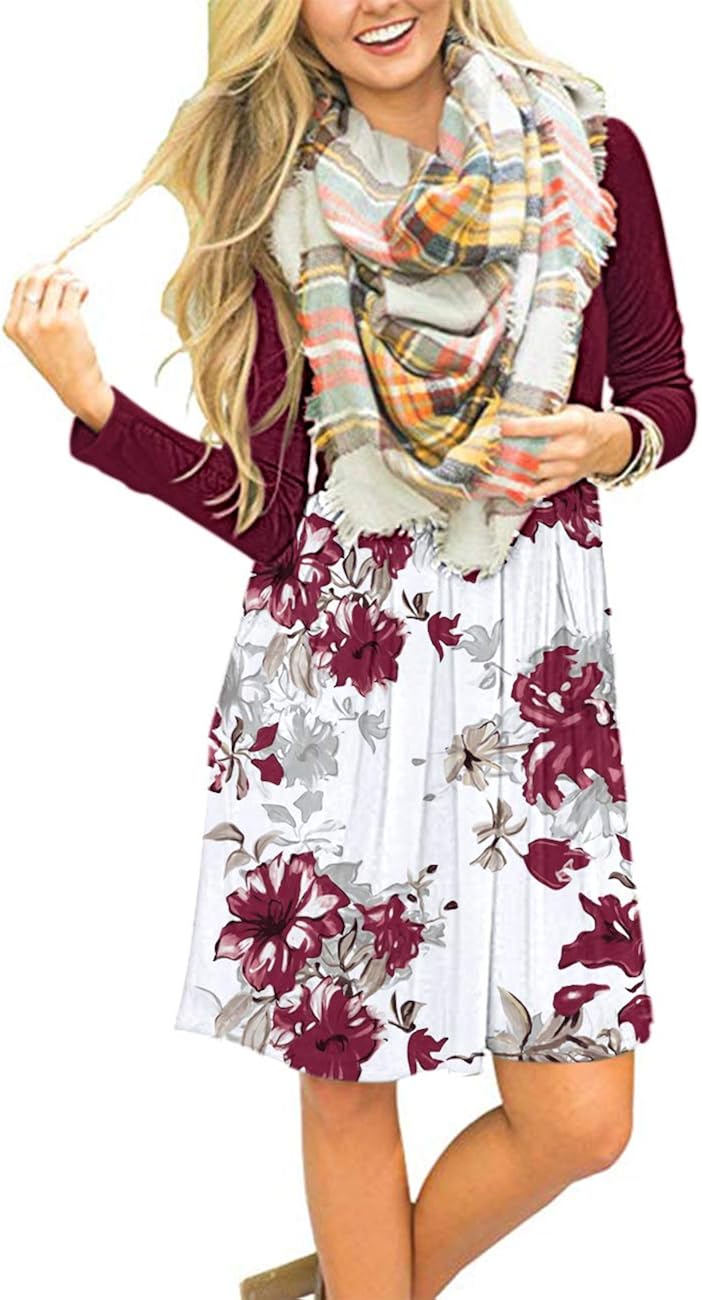 AUSELILY Women's Long Sleeve Pleated Loose Swing Casual Dress with Pockets Knee Length at  Women’s Clothing store