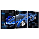 Feelyou Blue Race Car Picture Wall Decor 12"x16" 3 Piece Speed Sports Car Canvas Wall Art Decor Geometric Honeycomb Office Wall Decorations Artwork Posters Extreme Sports Wall Painting