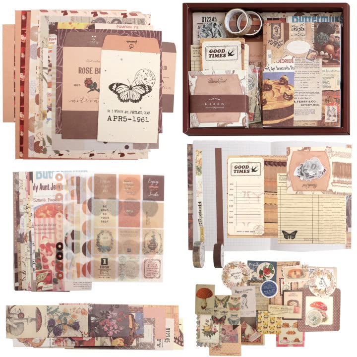 154 PCS Aesthetic Scrapbook Supplies Set, Vintage Scrapbooking Paper with A6 Grid Notebook Decorative Paper Sticker Tape, Coffee Scrapbook Sticker Supplies for Bullet Journal