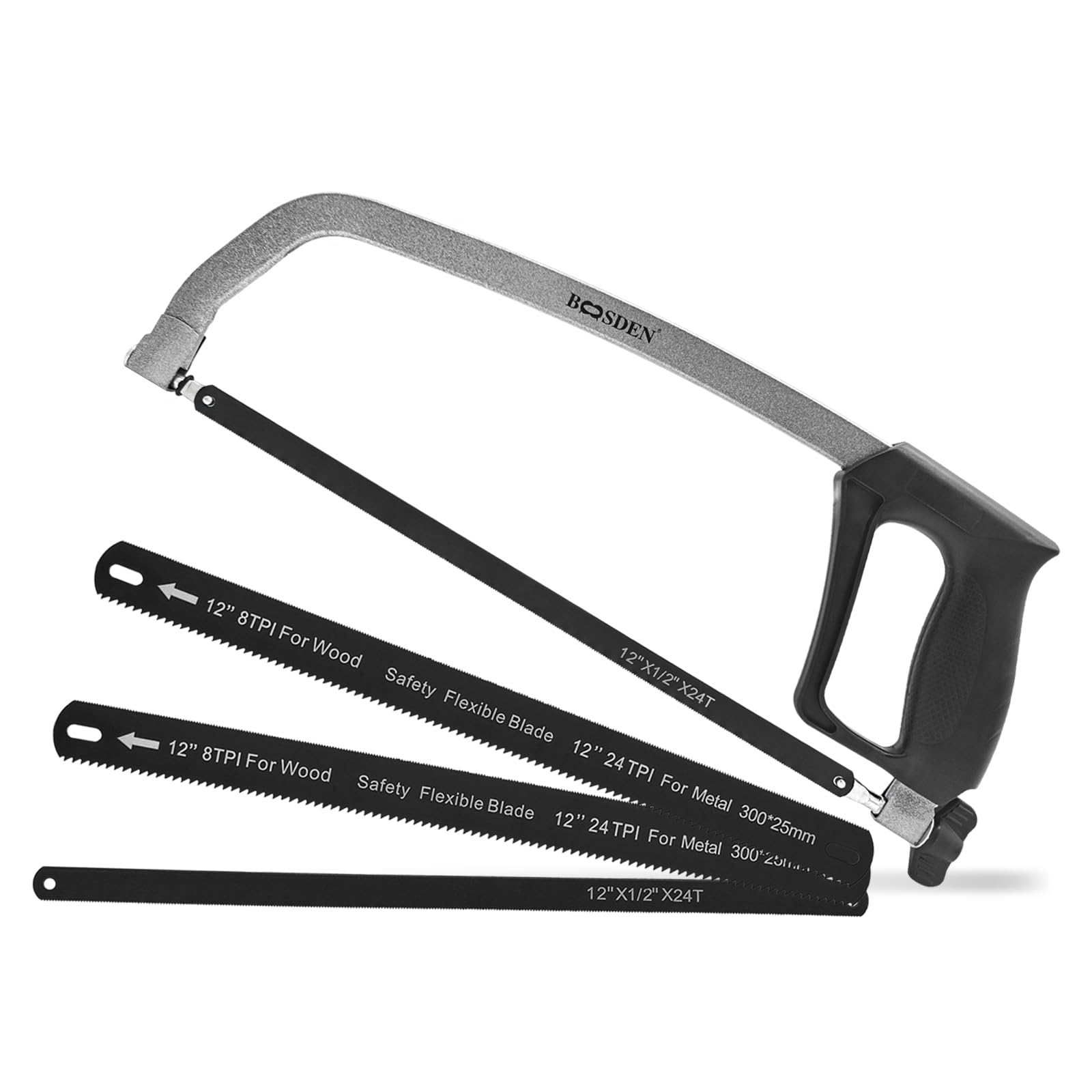 BOOSDEN Hand Saw, 12-Inch Hacksaw with Extra 3PC Bi-Metal Saw Blades, Heavy Duty Hack Saw for Cutting Wood, Metal, PVC Pipes