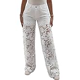 CHICME Women's High Waist Jeans Lace Spliced Stretchy Zipper Wide Leg Pants with Pockets Hollow-Out Baggy Jeans