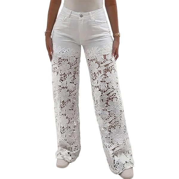 xxxiticat Women's Lace Denim Pants High Waisted Hollow Out