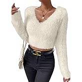 VAGIFOD Women's Fuzzy Fluffy Long Sleeve V Neck Crop Sweater Casual Plain Slim Fit Warm Knitwear Sweater Tops