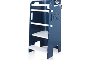 HEYPAPPY Toddler Tower, 3 Levels Adjustable Height Toddlers Standing Tower, Wooden Toddlers Kitchen Stool for Kids with Removable Safety Rail, Closed Back & Anti-Slip Strips