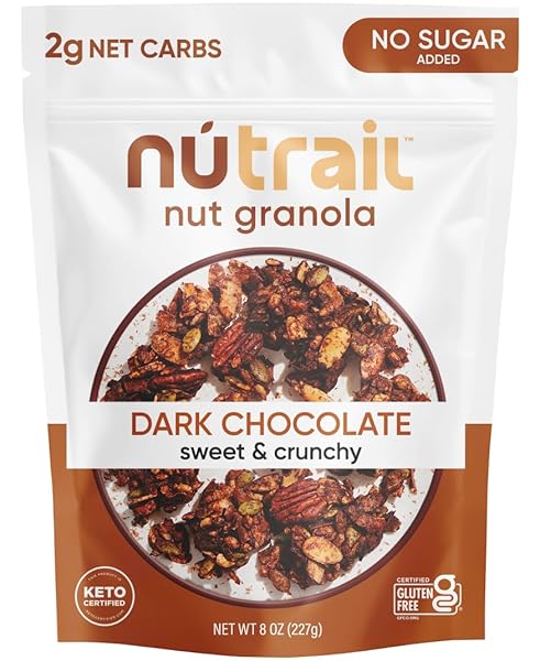 NUTRAIL NUT GRANOLA CEREAL, DARK CHOCOLATE, NO SUGAR ADDED, KETO, LOW CARB, GLUTEN FREE, GRAIN FREE, HEALTHY BREAKFAST 8 OZ. 1 COUNT