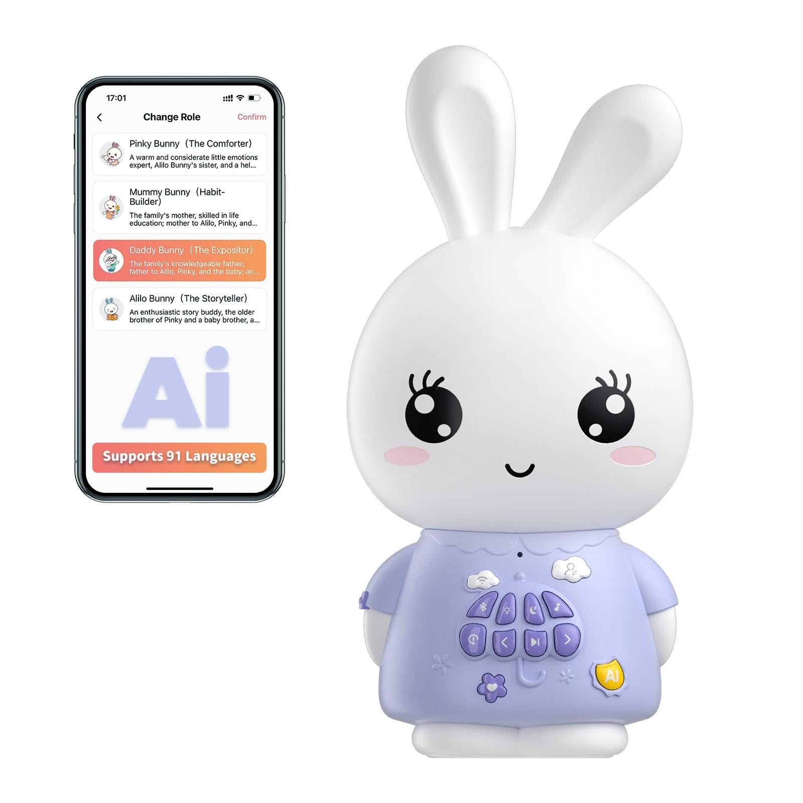 alilo Smart AI Bunny - Kids Smart Storytelling Toy with AI Voice Interaction, Bluetooth Speaker, Night Light, Preloaded Songs & Stories (Purple)