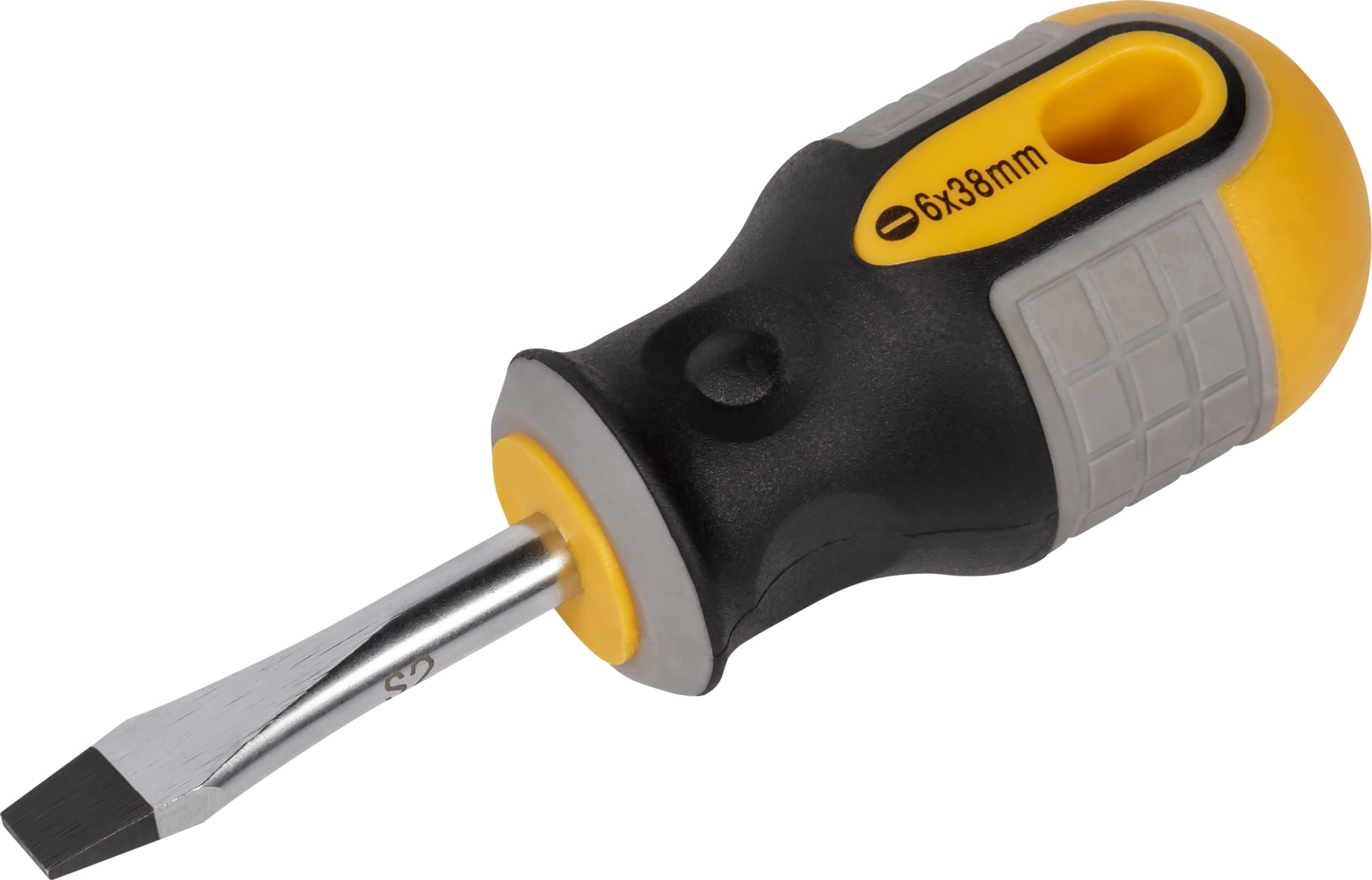 Roughneck Slotted Flared Stubby Screwdriver – Magnetic Tip, S2 Steel Blade & Soft Grip Handle – 6 x 38mm