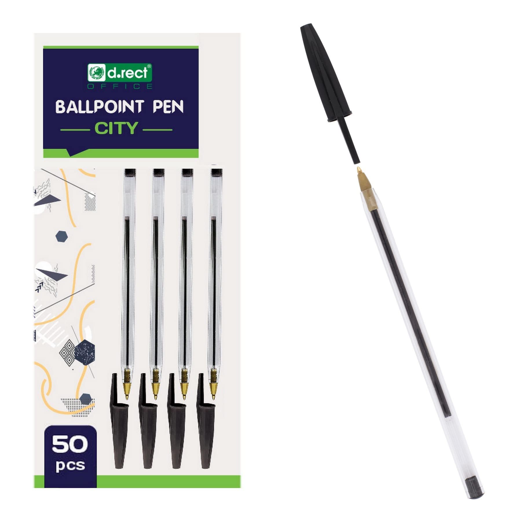 D.RECT Ballpoint Pen Set of 50 – Pens with Transparent Lid – Cultured Pen with Tungsten Carbide Ball, Black