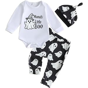 Lamuusaa Newborn Baby Boy Halloween Outfit Ghost Romper Pants Hat Set | My First Halloween Baby Boy Outfit, Mamas Little Boo/