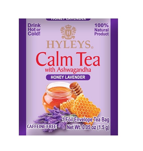 HYLEYS CALM TEA WITH ASHWAGANDHA – LAVENDER & HONEY FLAVOR – CAFFEINE-FREE, HERBAL TEA – 25 TEA BAGS – SLEEPY CHAMOMILE BEDTIME BLEND: NATURAL HERBAL TEA FOR DEEP RELAXATION & RESTFUL SLEEP