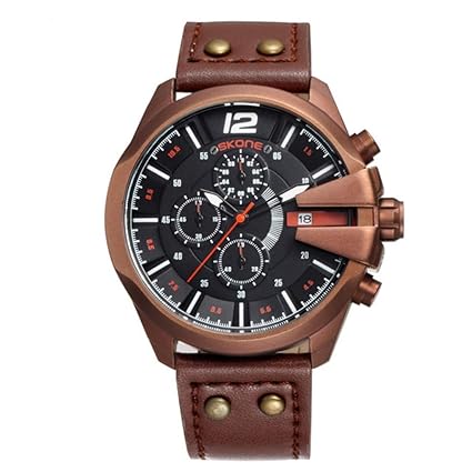 SKONE Japanese Quartz Genuine Leather Strap Multifunctional Chronograph Casual Sport Style Waterproof Wristwatch for Men Skone 9430 - Brown
