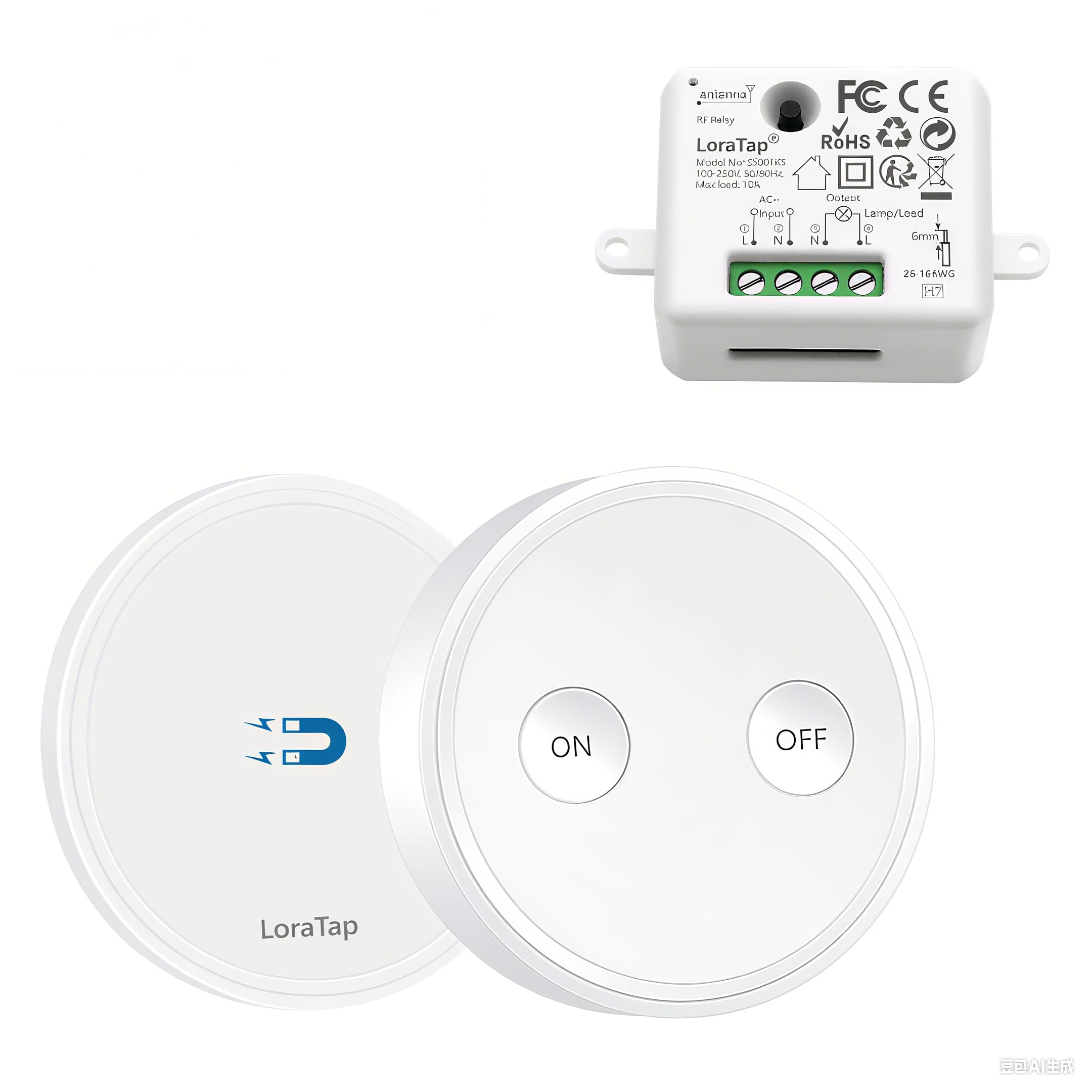 LoraTap Wireless Lights Switch Kit with 2500W Relay Receiver, 656ft Range Remote Control On/Off Switch for House Lighting and Electric Appliances, No Hub Required, White, 5 Years Warranty