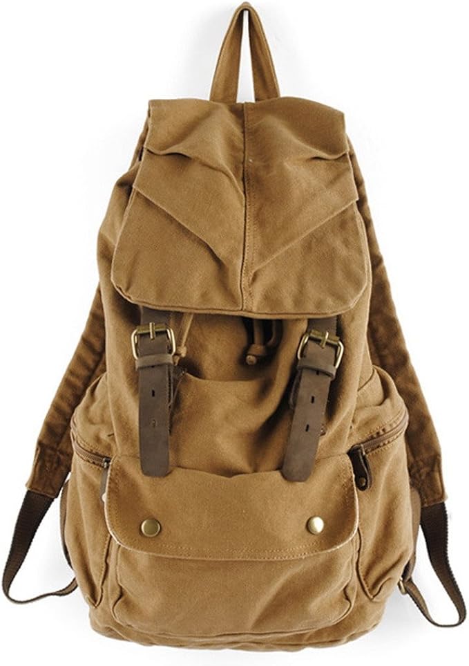 S.C.Cotton Canvas Leather Backpack Rucksack Satchel Bookbag Hiking Bag