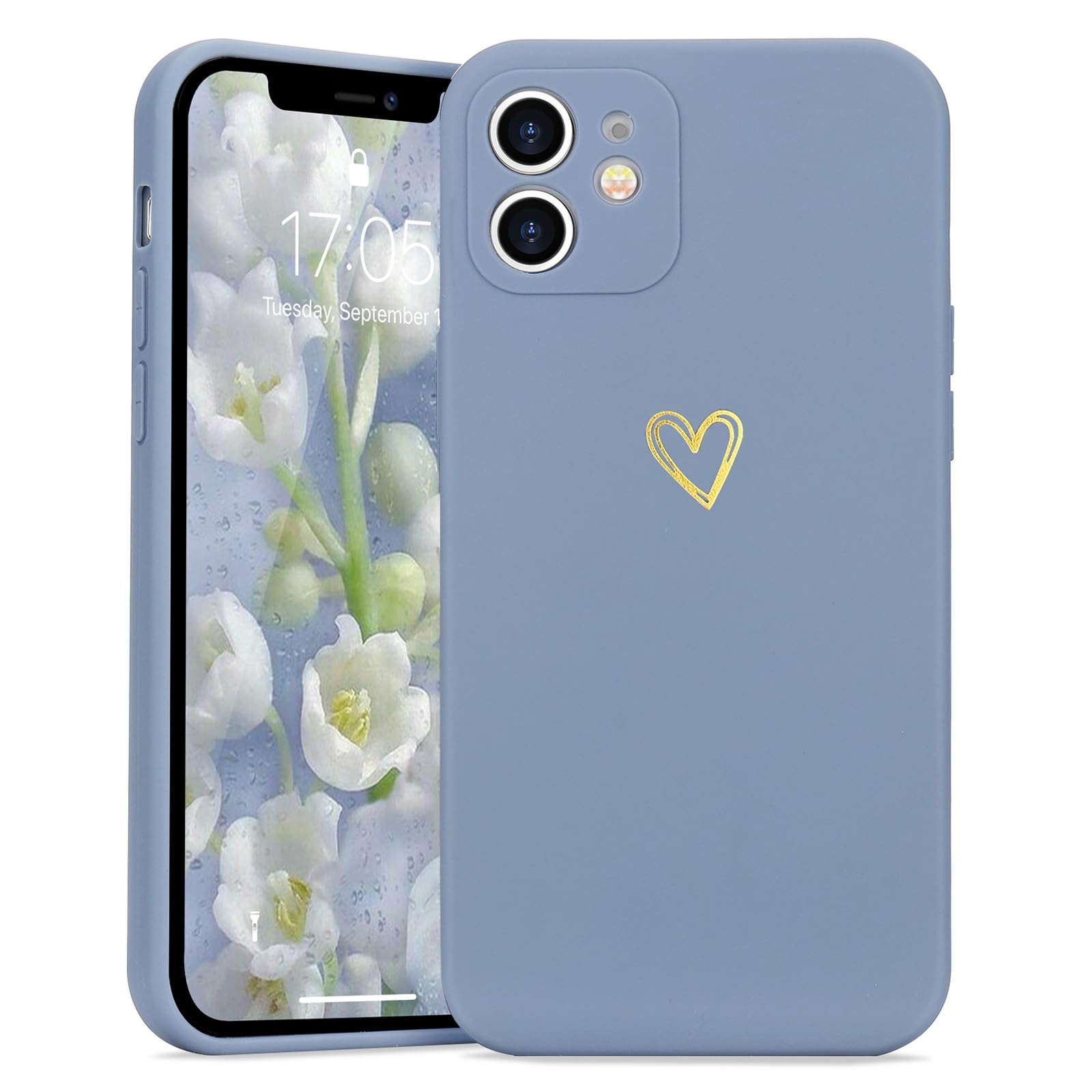 Wirvyuer for iPhone 12 Phone Case with Cute Heart Pattern Soft Shockproof Protective Silicone Case for Women Girls, Blue Grey — image 1