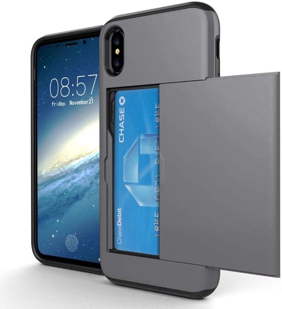 OMD iPhone X Case, iPhone Xs Case, [Double Card Holder Slot] ShockProof Wallet Protective Phone Cover with Tough Heavy Duty Silicone Card Case for iPhone X [2017] / iPhone Xs [2018] - GunMetal