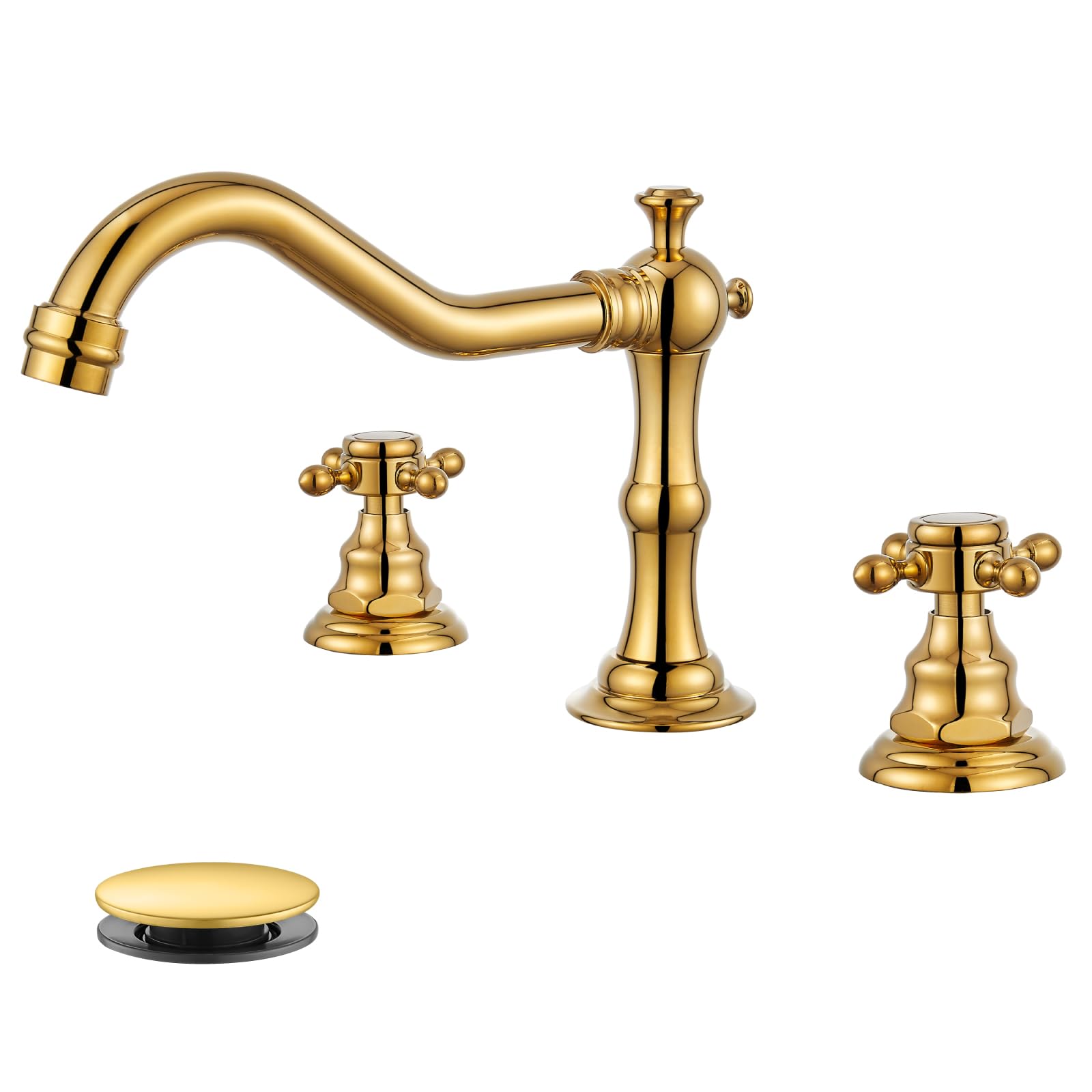 Gotonovo 3 Hole Widespread Bathroom Sink Faucet Double Cross Handle Mixer Tap for Bathroom Sink Vanity Faucet Deck Mount Basin Hot Cold Water Matching Pop Up Drain Polished Gold