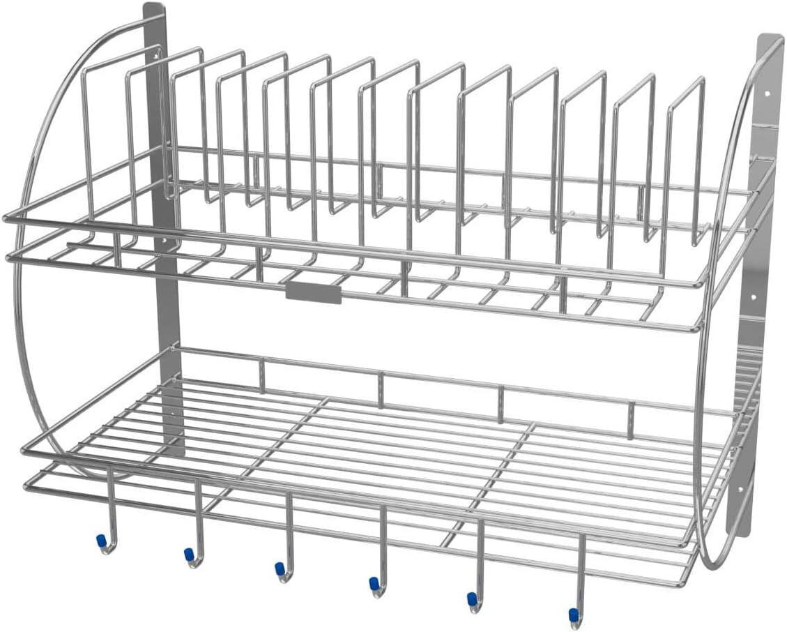 Skyzone 2 Tier Kitchen Dish Rack Plate Cutlery Stand/Kitchen Utensils Storage Rack Wall Mounted Stainless Steel Wall Mounted,Multipurpose Kitchen Dish Drainer Rack