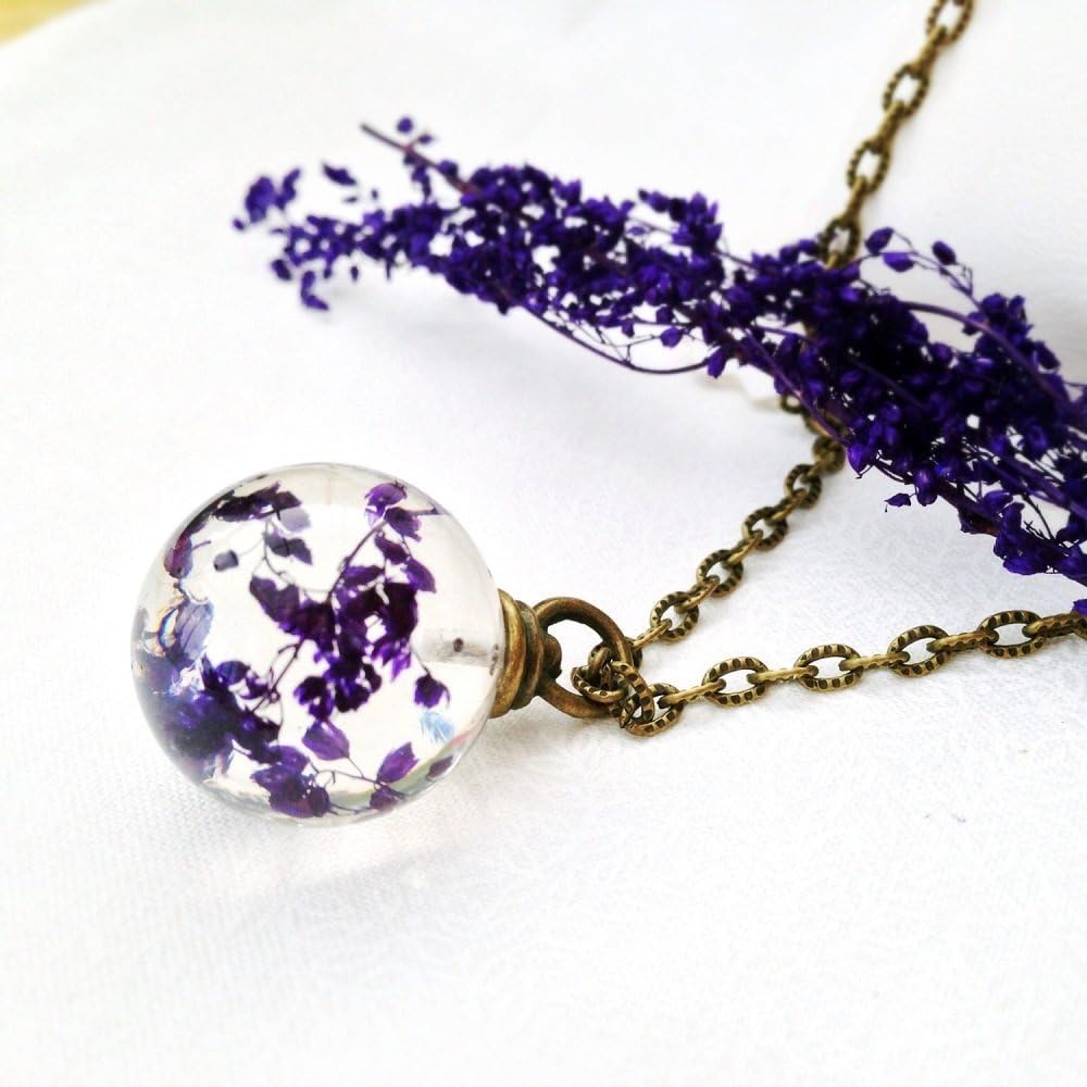 Terrarium necklace, Purple Flower necklace, real flower jewelry, dried flower necklace nature jewelry, purple necklace, resin orb, resin jewelry