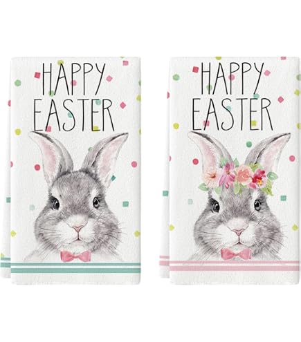 2 Torchons De Cuisine Artoid Mode - Motif Pâques Lapin/Fleurs, 42x65cm, Polyester Doux