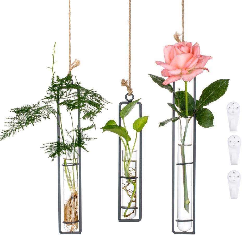 3Pcs/Set Glass Hanging Planter Terrarium Black Iron Art Hydroponic Test Tube Vase with Twine Rope and Hook Pots, Small + Medium + Large, Flower Water Container Decoration for Home Office Wedding