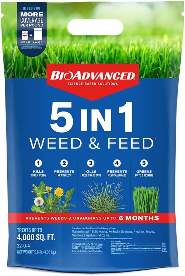 BIOADVANCED 704860U 5-in-1 Weed and Feed Lawn Fertilizer and Crabgrass Killer, 4,000 Square feet, Granules