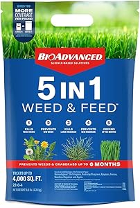 BIOADVANCED 704860U 5-in-1 Weed and Feed Lawn Fertilizer and Crabgrass Killer, 4,000 Square feet, Granules