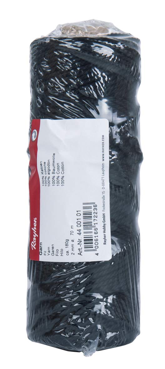 Rayher Yarn for Craft, Floristry and Decorations, Macrame Cord, 2mm ø, ca. 180g, spool 70m, black, 80% Cotton, 20% Polyester, 4400101