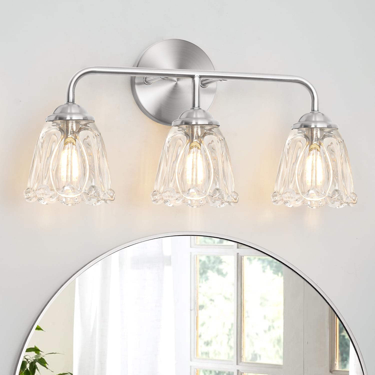 Photo 1 of Vintage Batheoom Vanity Light, Brushed Nickel Vanity Lighting, Elegant 3-Light Bathroom Light with Flower Glass Shade, Lighting Fixture over Mirror, Wall Sconce Lighting for Bedroom Living Room