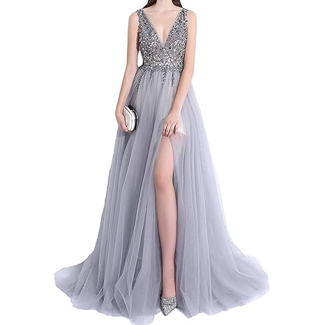 LuckyShe Damen Lang Tüll Glitzer Abendkleider Ballkleid mit Schlitz A-linie