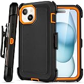 Yowtrey for iPhone 15 Case with Clip Belt Holster, Heavy Duty Military Grade Drop Protective Case for iPhone 15 6.1 case (Black+Orange)
