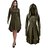 NFAUEIK Womens Renaissance Costumes Hooded Robe Lace Up Halloween Medieval High Low Long Hoodie Dress Cloak