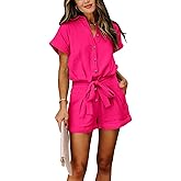 Paintcolors Women's Summer Short Sleeve Button Down Pockets Belted Elastic Waist Solid Color Jumpsuits Rompers