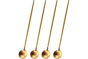 DEHOV Satin Gold 9 Inches Latte Spoon,4 Pieces Stainless Steel 18/10 Iced Tea Spoons Set,Solid Round Handle Coffee Stirring S