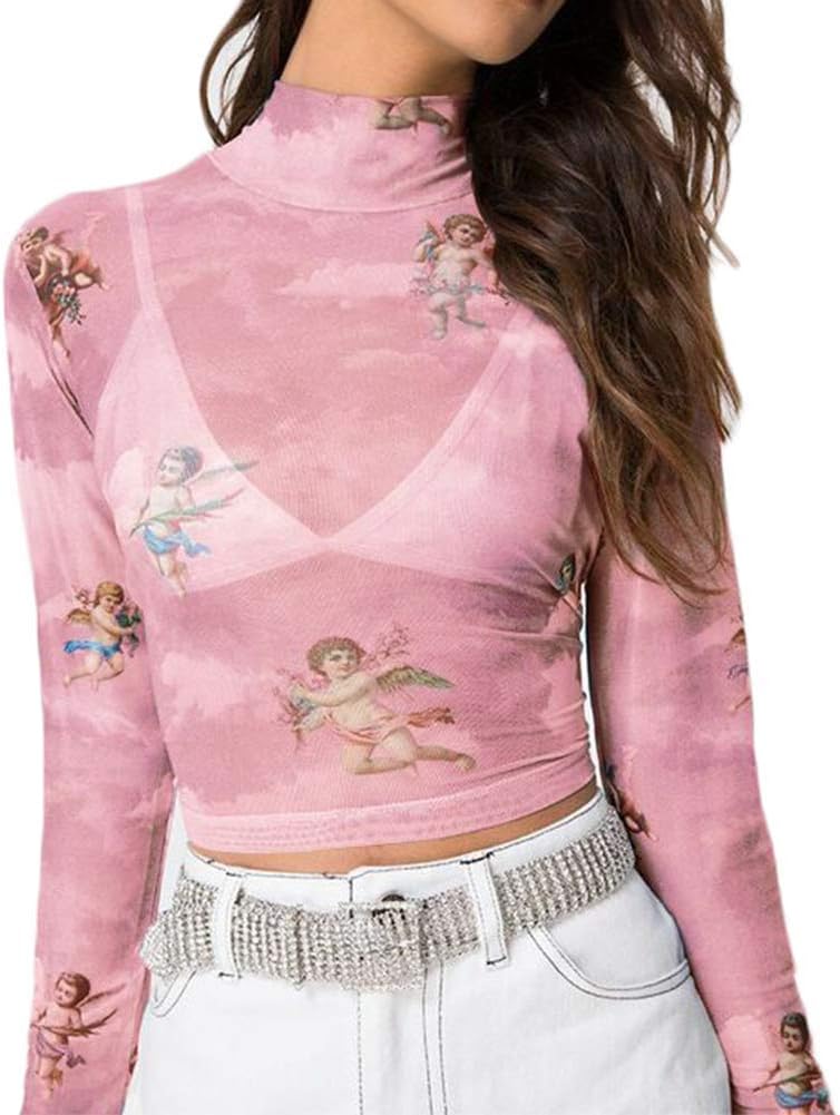 Women Angel See-Through Sheer Mesh Fishnet T-Shirt Crop Top Female Summer Sexy Outfits Clothes