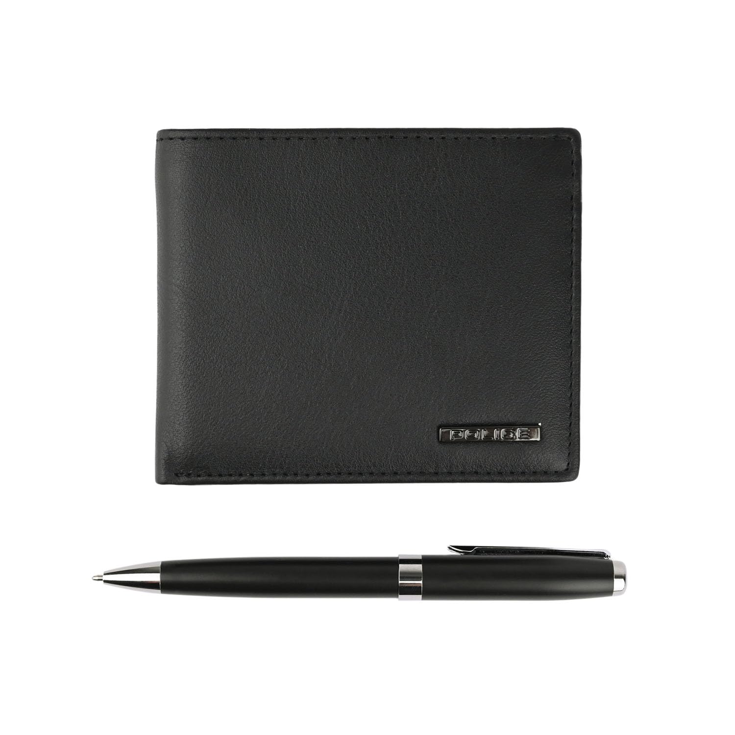 Police Men's Gift Set, Genuine Leather Wallet & Ballpoint Pen, Black