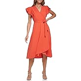 DKNY Womens Flutter Sleeve Asymmetrical Hem Faux Wrap Dress