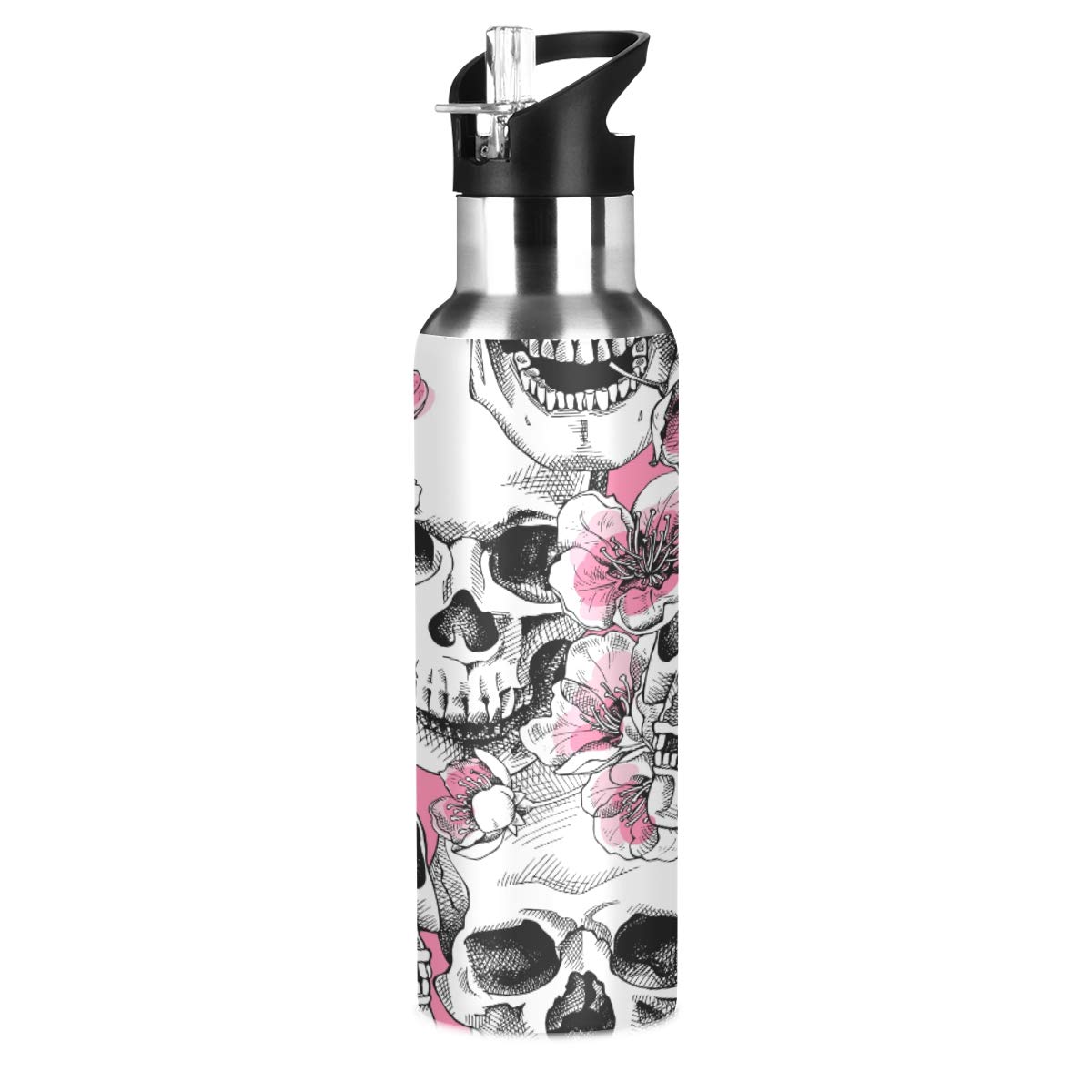 JUMBEAR Sugar Skull Flowers Water Bottle Acuum Insulated Stainless Steel Leakproof Wide Mouth with Straw Lid for Fitness Gym and Outdoor Sports 22OZ