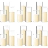 Shihanee 36 Pcs Pillar Candles and Glass Cylinder Vases Tall Cylinder Holders for Pillar Candles Wedding Centerpieces, Total 18 Sets(2.6'' X 4.7'', 5.9'', 7.9'',Clear,Ivory White)