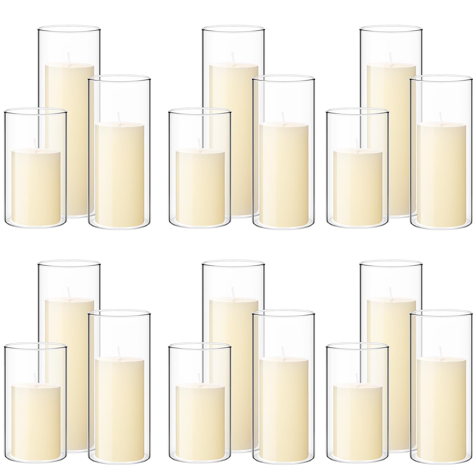 Photo 1 of Shihanee 36 Pcs Pillar Candles and Glass Cylinder Vases Tall Cylinder Holders for Pillar Candles Wedding Centerpieces, Total 18 Sets(2.6'' X 4.7'', 5.9'', 7.9'',Clear,Ivory White)