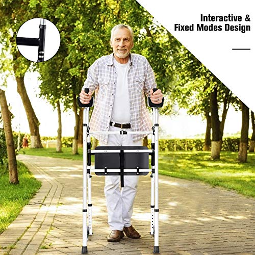 Goplus Folding Walker for Seniors, Lightweight Standard Walker with 5’’ Wheels, Seat and Arm