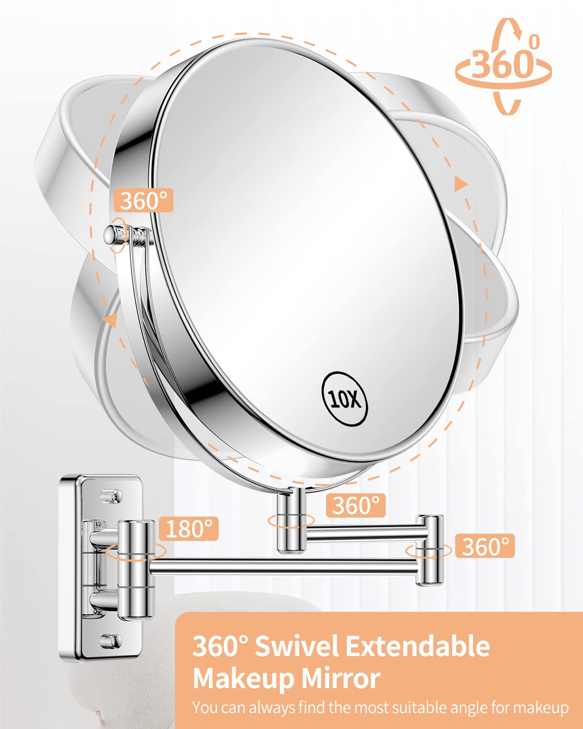 Gospire 9 Inch Extra Large Wall Mounted Mirror with 1X/10X Magnification, 360° Swivel & Extendable, Chrome Polished Finish for Bathroom Vanity, Shaving & Makeup (Men & Women)