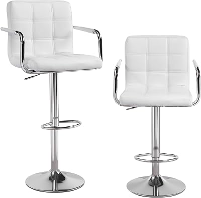 Panana Cuban Bar Chairs with Armrest, Height Adjustable, 360° Swivel, White