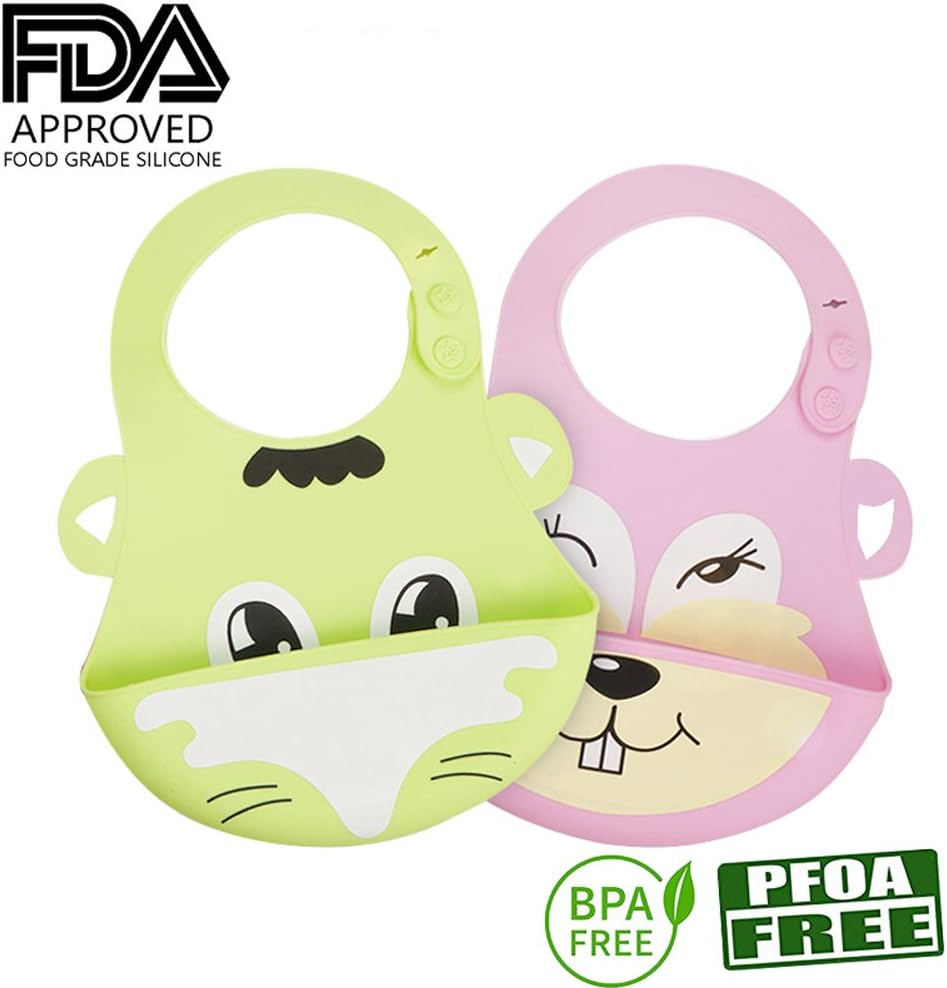Waterprooof Cute Soft Silicone Bibs for Babies and Toddlers with Snaps Feeding Baby Bib Pocket 2 Pack - Easy Roll-Up Wipes Clean & Quick Drying&Unisex By WllRun