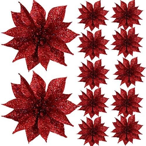 Crazy Night Glitter Christmas Poinsettia Christmas Tree Ornaments Holiday Party Decor-20 Pcs (Red)