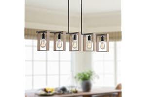 9MMML 41.5" Kitchen Island Lighting,5 Lights Dining Room Light Fixtures, Rustic Farmhouse Height Adjustable Wood Chandeliers for Kitchen, Pool Table Lights, Black Body+Wood Frame,E26.