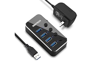 Powered USB Hub, RSHTECH 4 Port USB 3.0 Hub Splitter Portable Aluminum USB Data Hub Expander with Individual On/Off Switch and Universal 5V AC Adapter, 3.3ft USB 3.0 Cable (RSH-516)