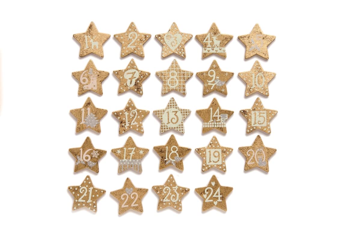 Glorex Wooden Stars Christmas Calendar, Wood, Wood, Gold, 13 x 11,5 x 2 cm