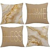 ORMAN Beige Gold 18x18 Marble Pillows Covers Set of 4 Decorative Pillowcase Cushion Cover for Car Sofa Bedroom
