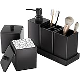 Black Bathroom Accessories Set Resin 6PCS, Square Toothbrush Holders Set Complete with Soap Dispenser, Vanity Tray, Tumbler, Cups and Cotton Swab Jars for Counter, Sink or Small Spaces